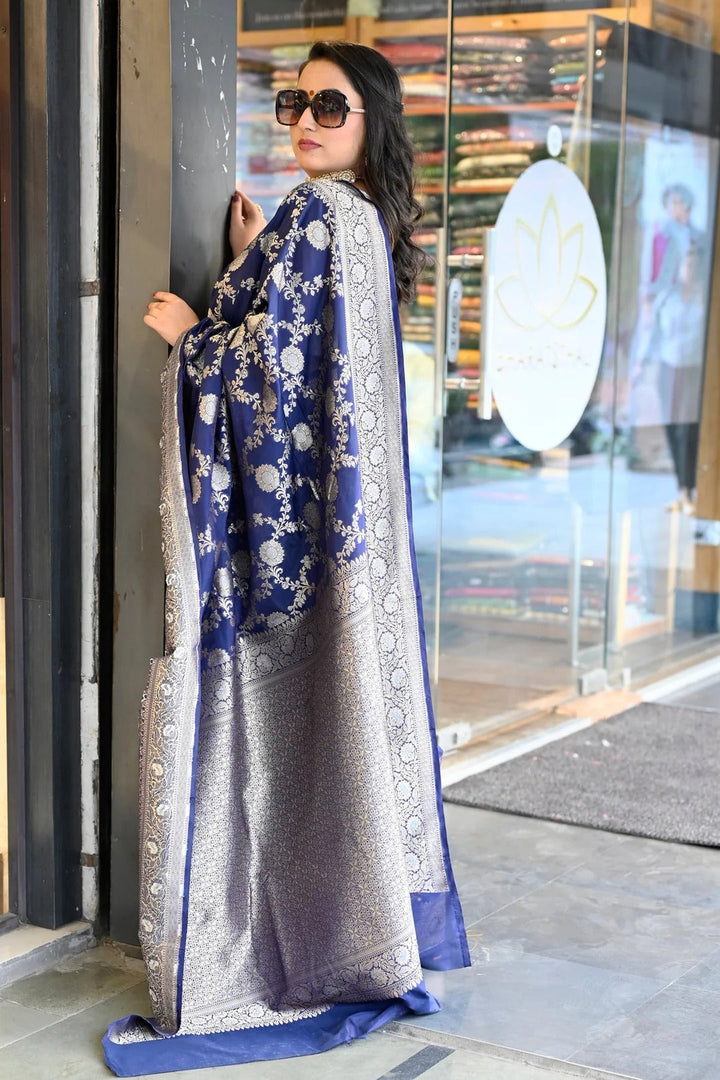 Reception Wear Royal Blue Color Banarasi Silk Saree With Meena Work