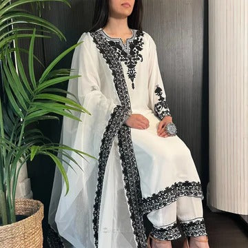 Elegant White & Black Embroidered Saree for Women