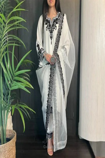 Elegant White & Black Embroidered Saree for Women
