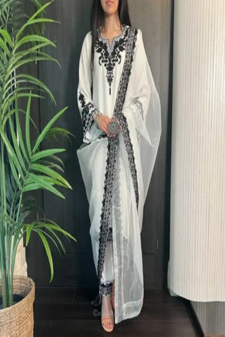 Elegant White & Black Embroidered Saree for Women