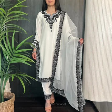 Elegant White & Black Embroidered Saree for Women