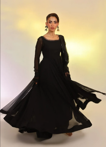Black Georgette Flared Gown with Dupatta