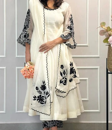 Elegant White Embroidered Anarkali Kurti Set for Women