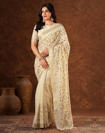 Wedding Wear Beige Color Linen Embroidery Saree