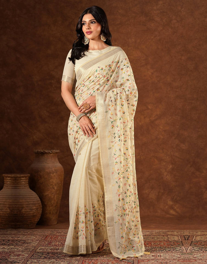 Wedding Wear Beige Color Linen Embroidery Saree