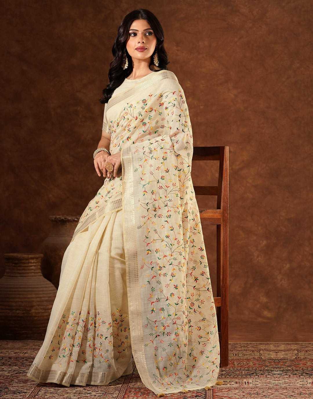 Wedding Wear Beige Color Linen Embroidery Saree