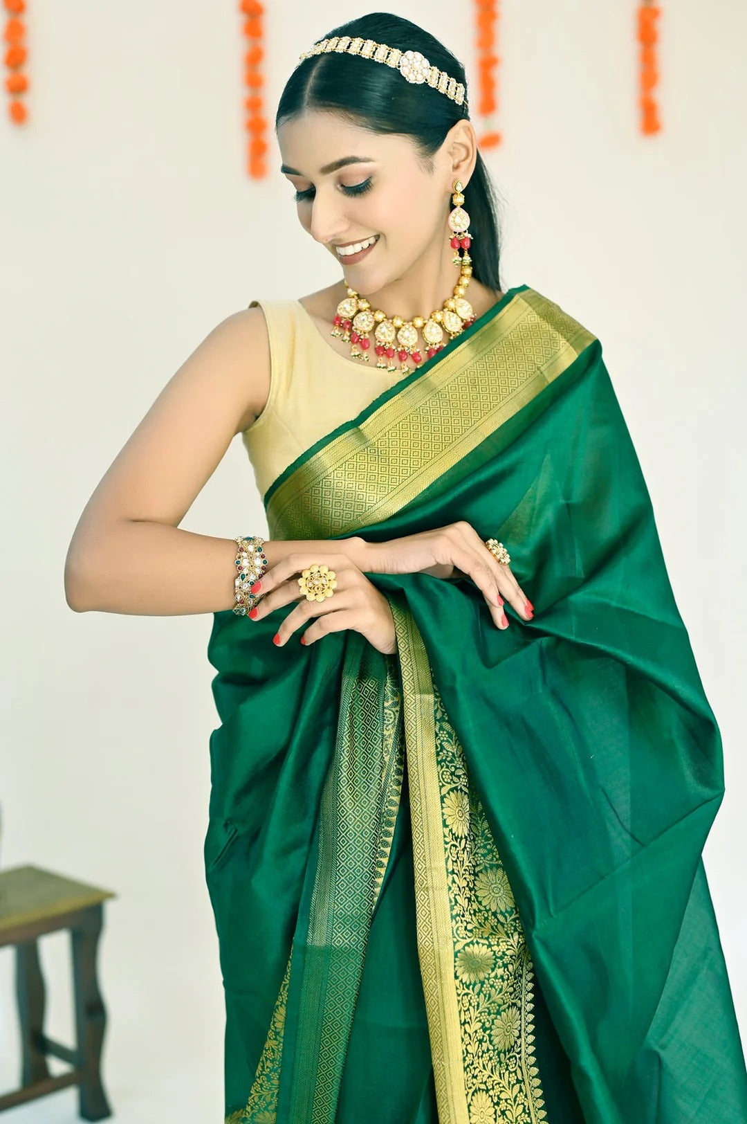 Wedding Wear Bottle Green Color Banarasi Silk Saree
