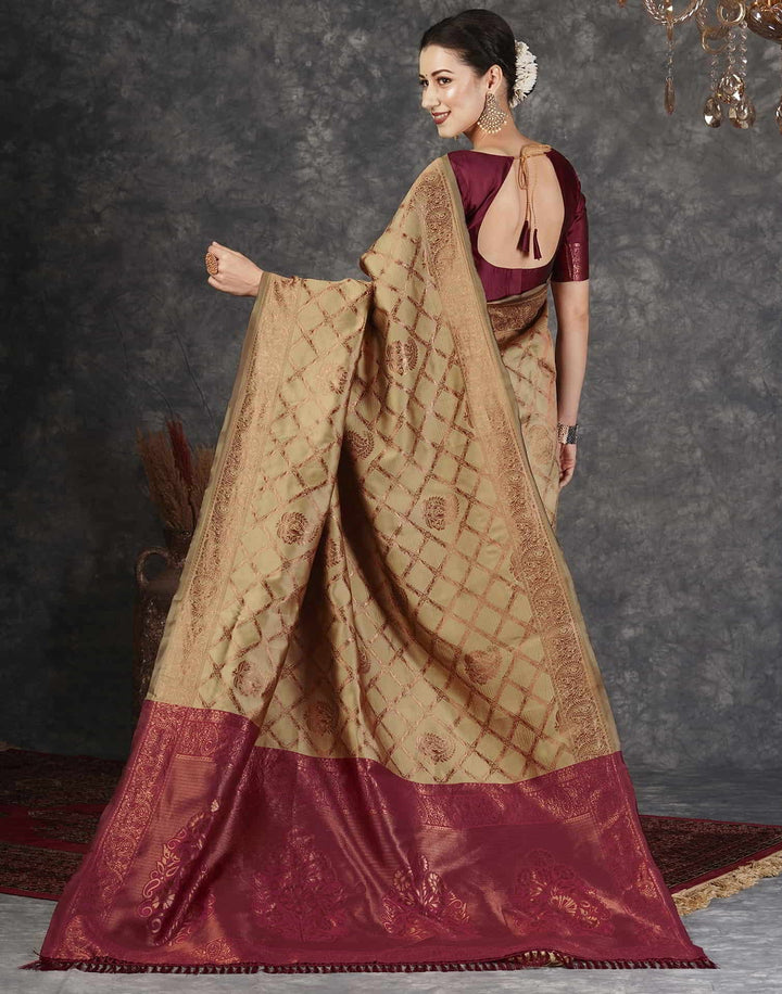 Wedding Wear Brown Color Banarasi Silk Woven Saree With Tassels
