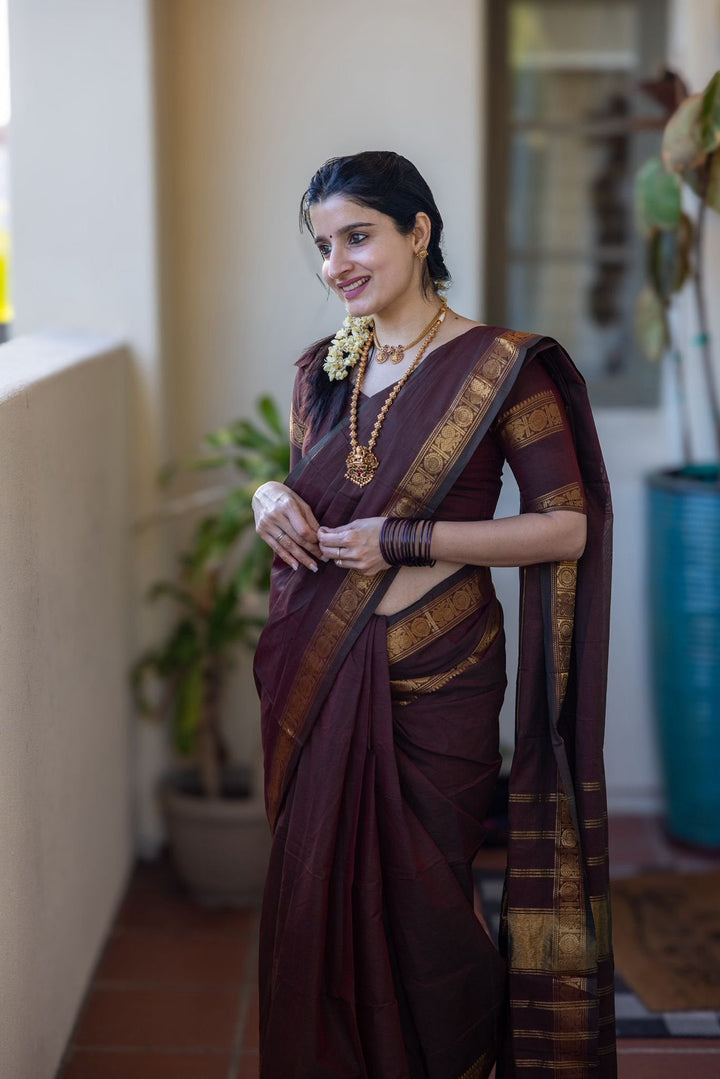 Wedding Wear Brown Color Cotton Silk Saree