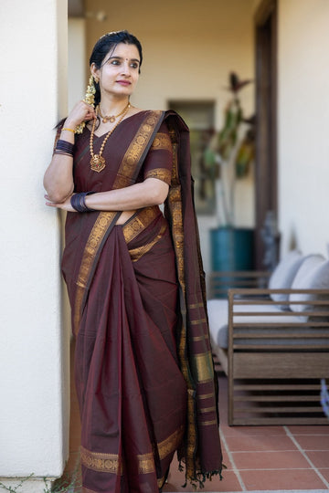 Wedding Wear Brown Color Cotton Silk Saree