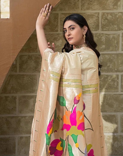 Wedding Wear Cream Color Banarasi Silk Saree