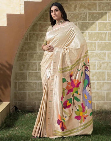 Wedding Wear Cream Color Banarasi Silk Saree