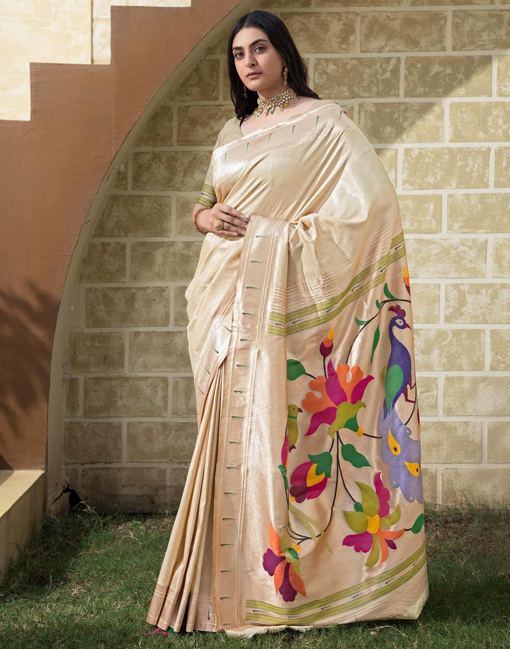 Wedding Wear Cream Color Banarasi Silk Saree