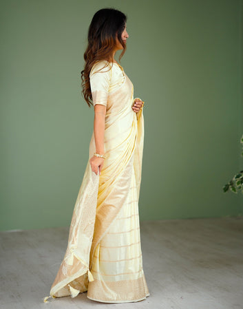 Wedding Wear Cream Color Kanjivaram Silk Saree