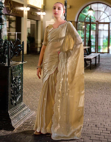 Wedding Wear Dark Beige Color Soft Silk Sequence Embroidery Saree