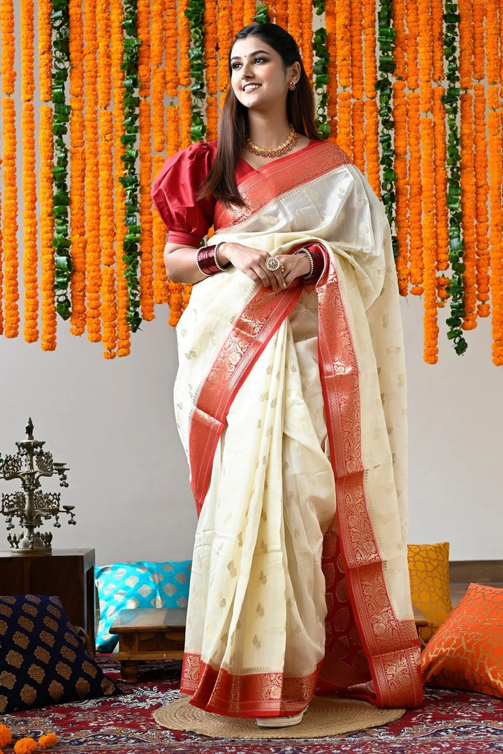 Wedding Wear Ivory Color Maheshwari Saree With Red Pallu And Borders