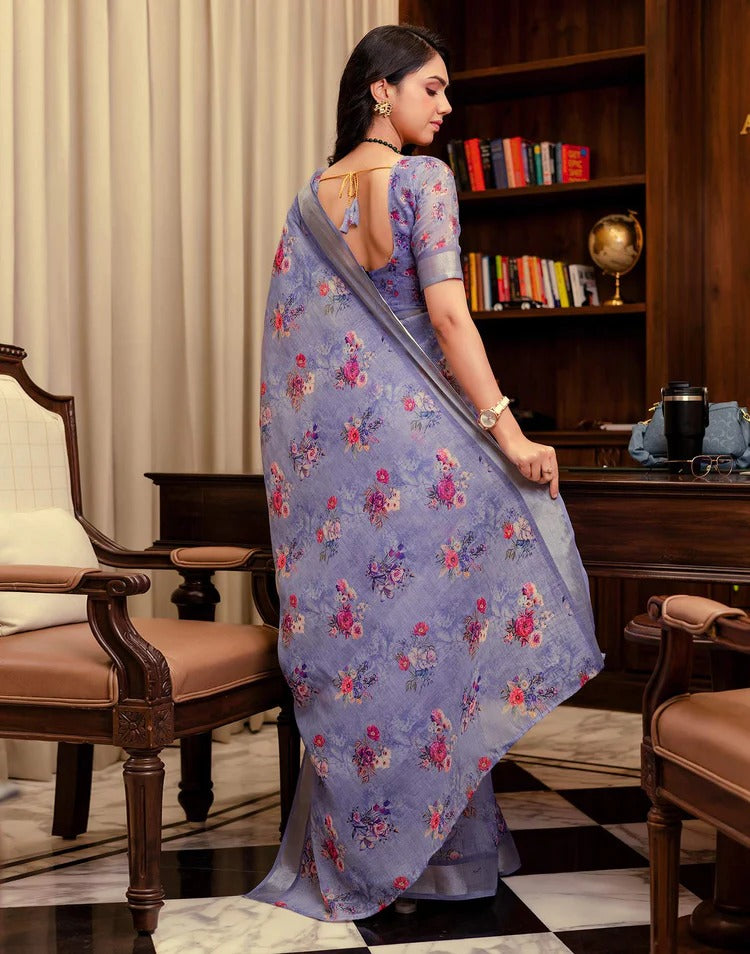Wedding Wear Lavender Color Linen Silk Printed Saree