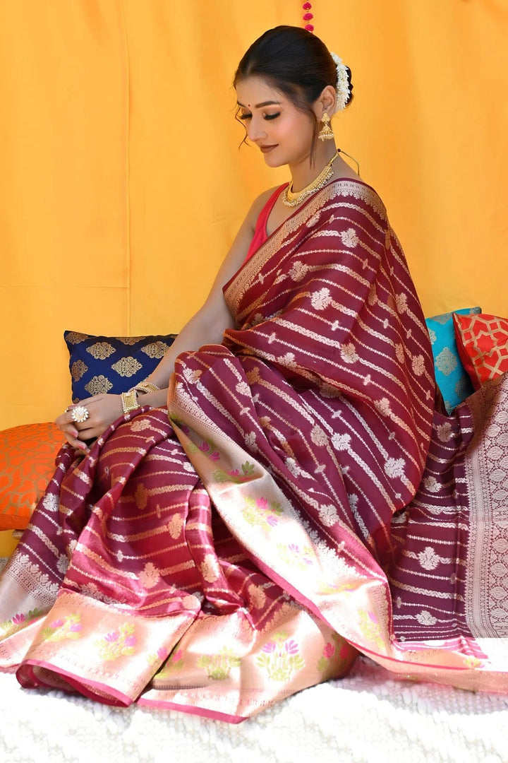 Wedding Wear Maroon And Gold Color Soft Silk Handloom Saree