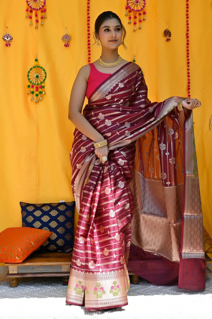 Wedding Wear Maroon And Gold Color Soft Silk Handloom Saree