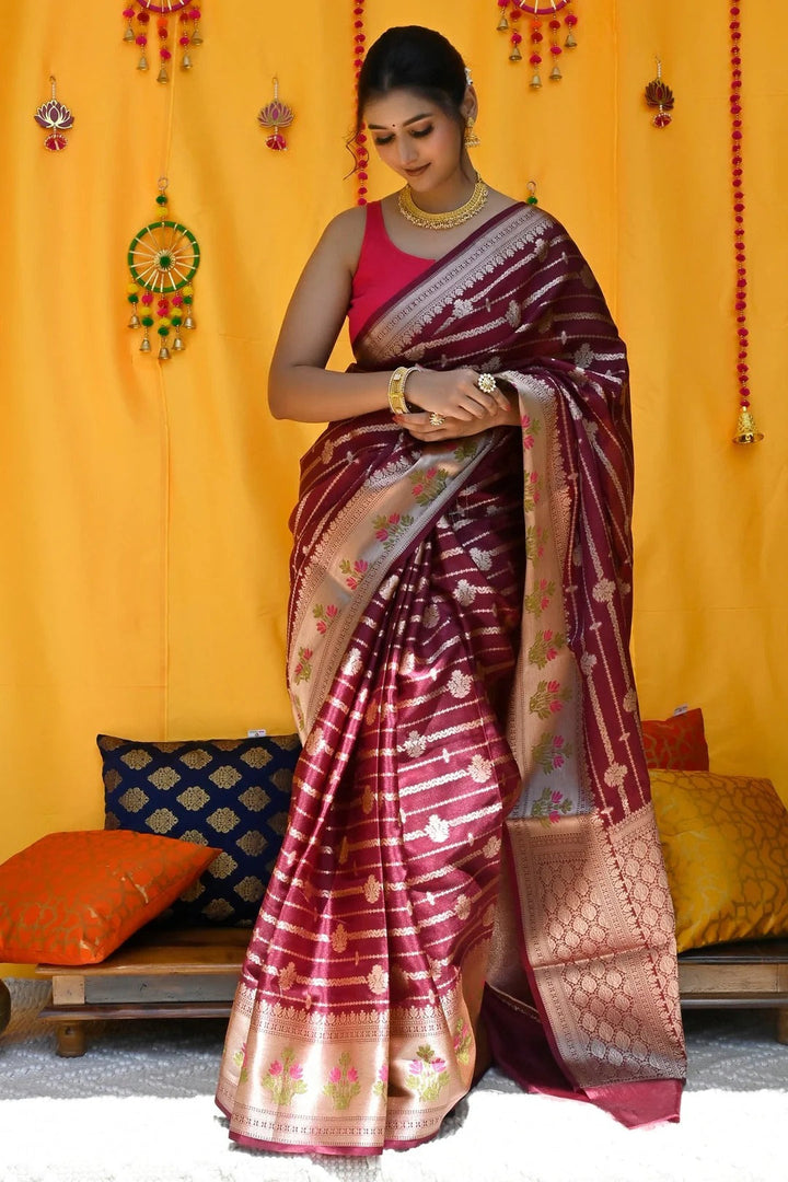 Wedding Wear Maroon And Gold Color Soft Silk Handloom Saree