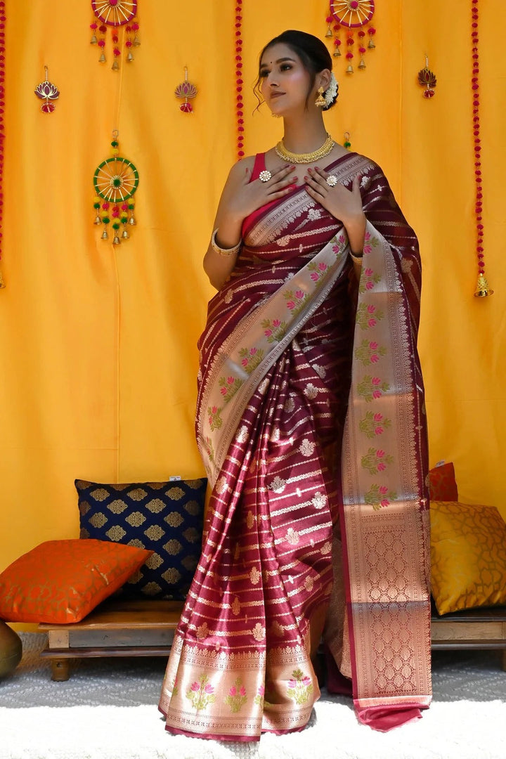 Wedding Wear Maroon And Gold Color Soft Silk Handloom Saree