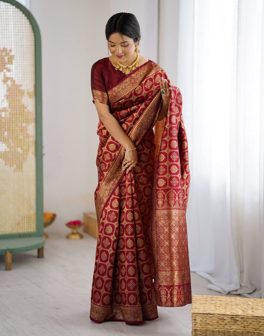 Wedding Wear Maroon Color Soft Silk Woven Saree