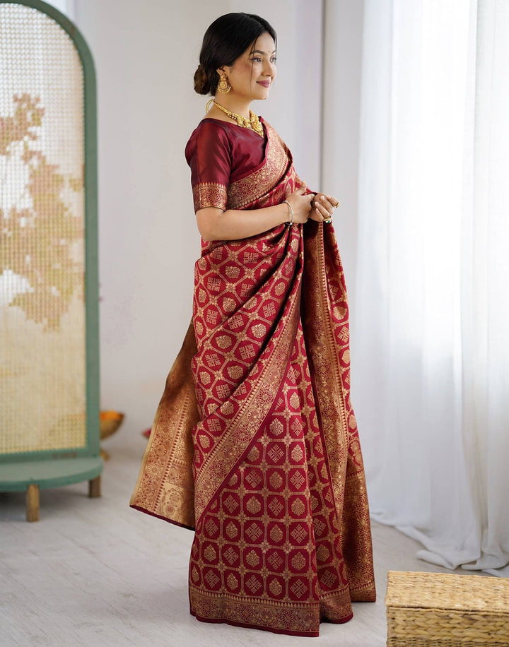 Wedding Wear Maroon Color Soft Silk Woven Saree