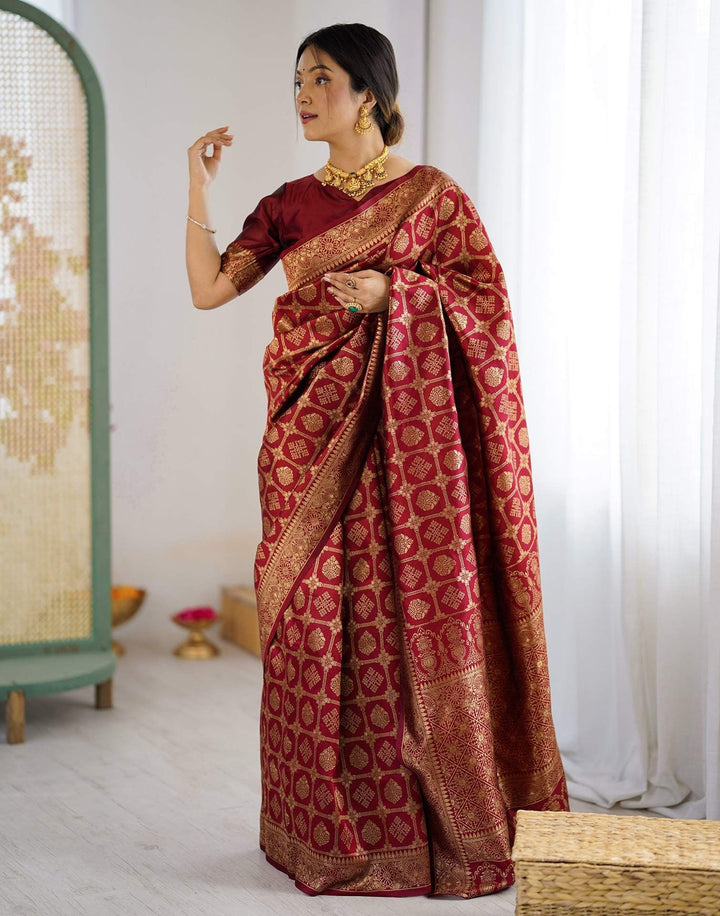 Wedding Wear Maroon Color Soft Silk Woven Saree