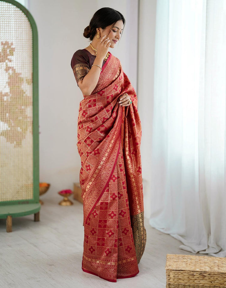 Wedding Wear Maroon Color Soft Silk Woven Saree
