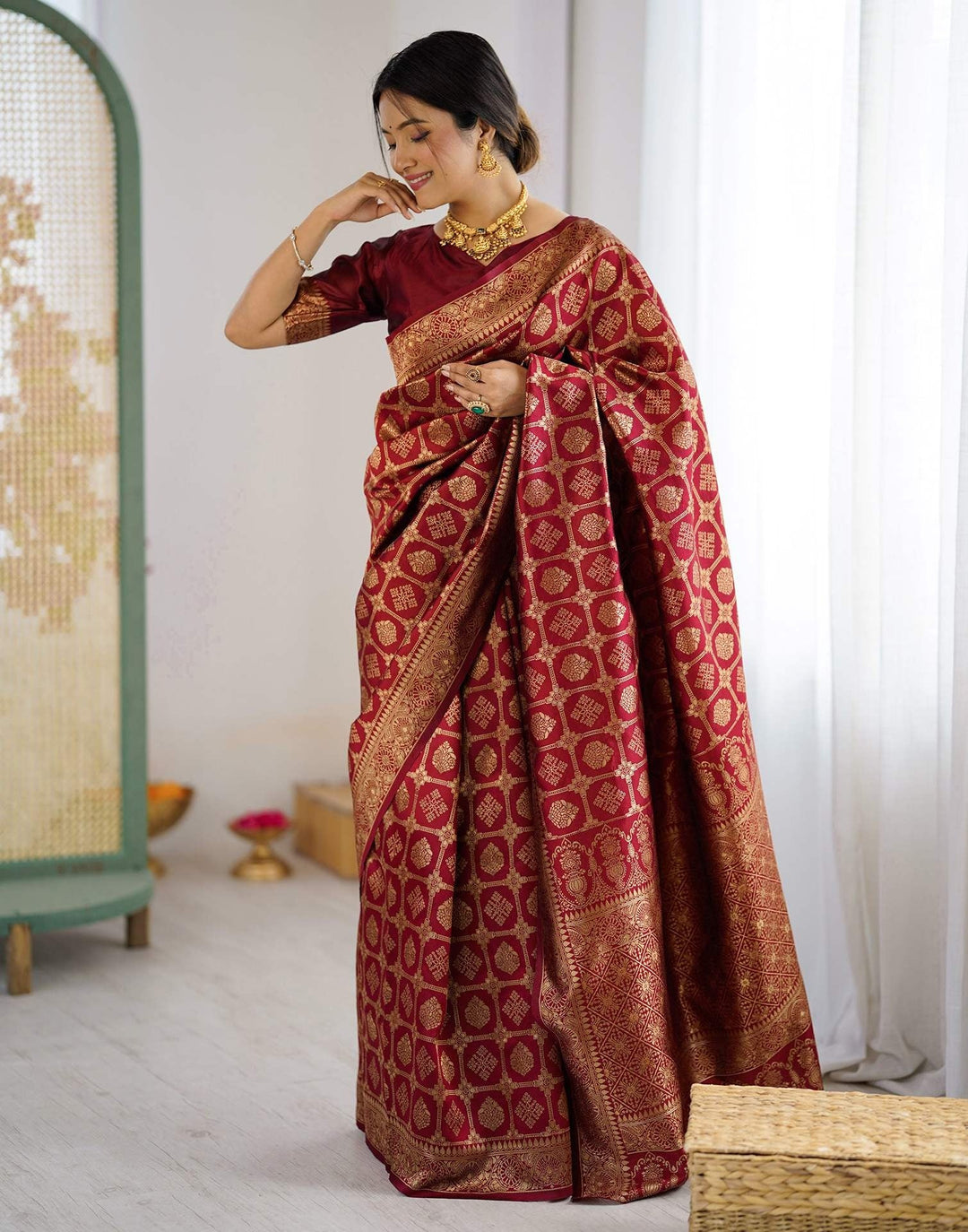 Wedding Wear Maroon Color Soft Silk Woven Saree