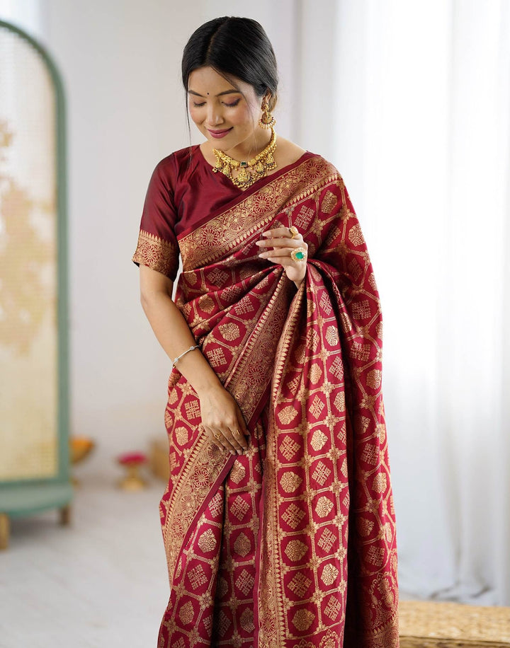 Wedding Wear Maroon Color Soft Silk Woven Saree
