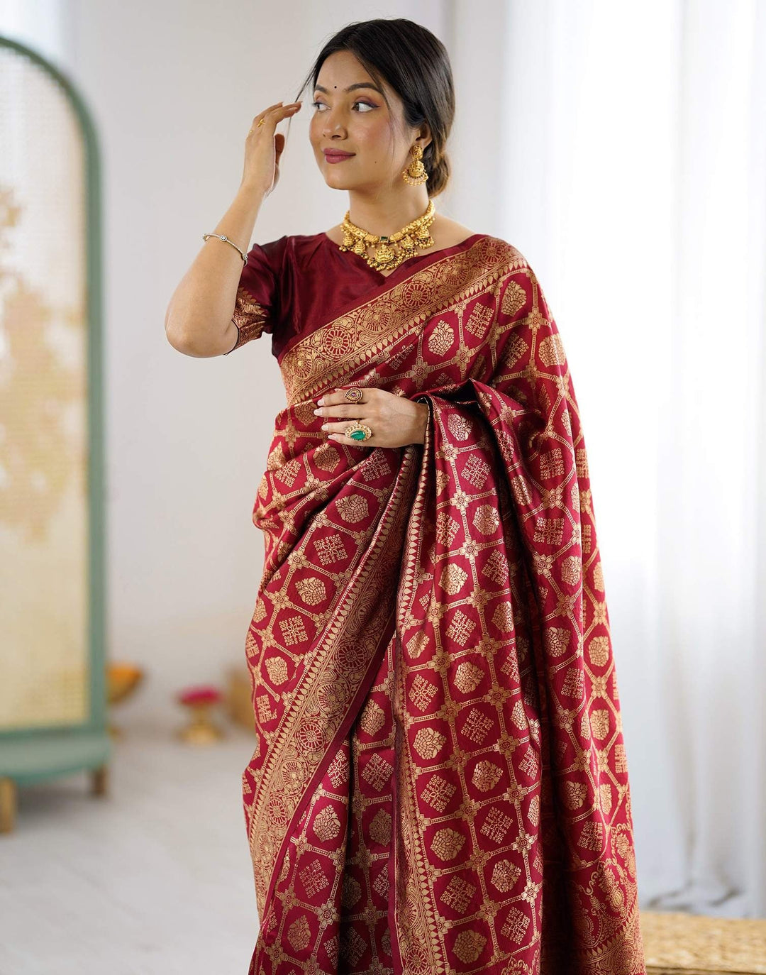 Wedding Wear Maroon Color Soft Silk Woven Saree