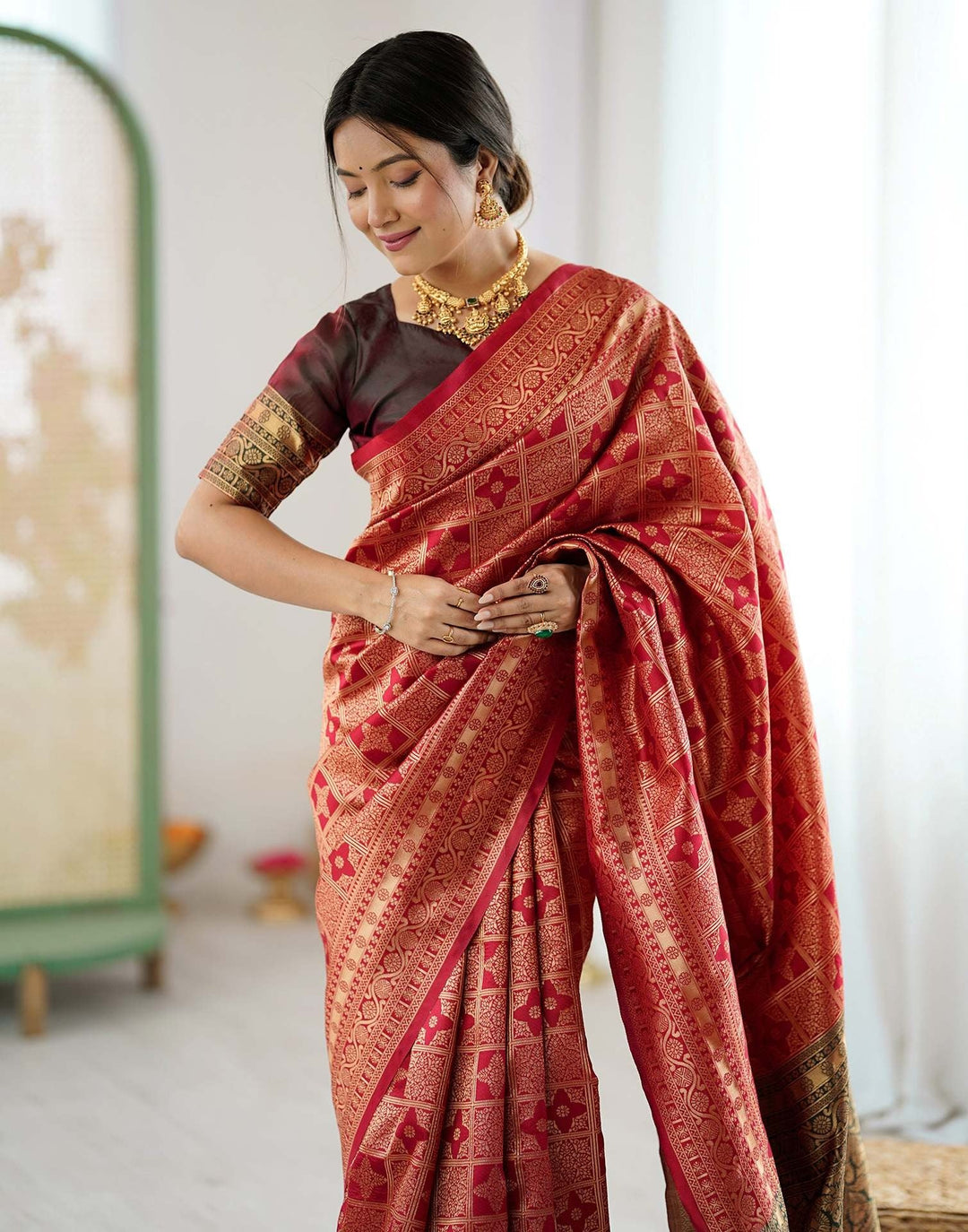 Wedding Wear Maroon Color Soft Silk Woven Saree