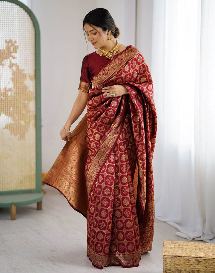 Wedding Wear Maroon Color Soft Silk Woven Saree