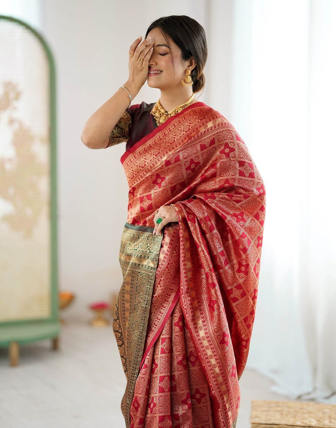 Wedding Wear Maroon Color Soft Silk Woven Saree