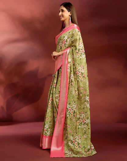Wedding Wear Moss Green Color Soft Silk Printed Saree