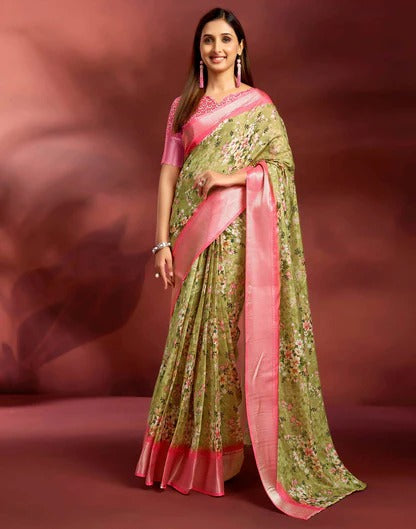 Wedding Wear Moss Green Color Soft Silk Printed Saree