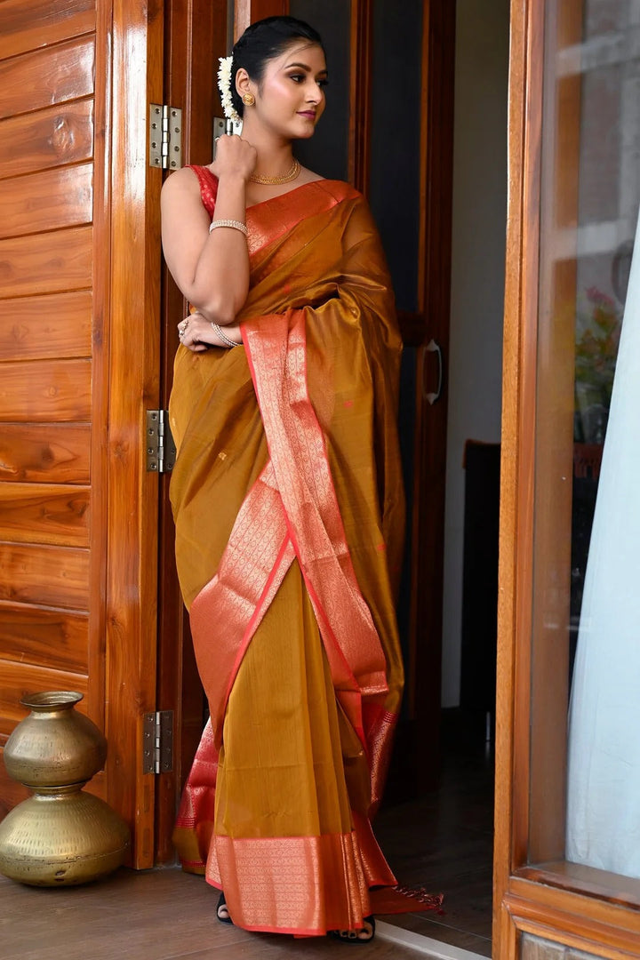 Wedding Wear Mustard Yellow And Red Pure Maheshwari Saree With Thread Work