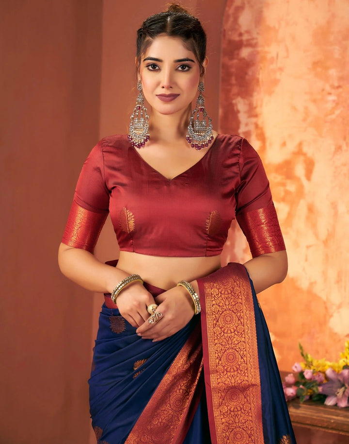 Wedding Wear Navy Blue Color Banarasi Silk Woven Saree