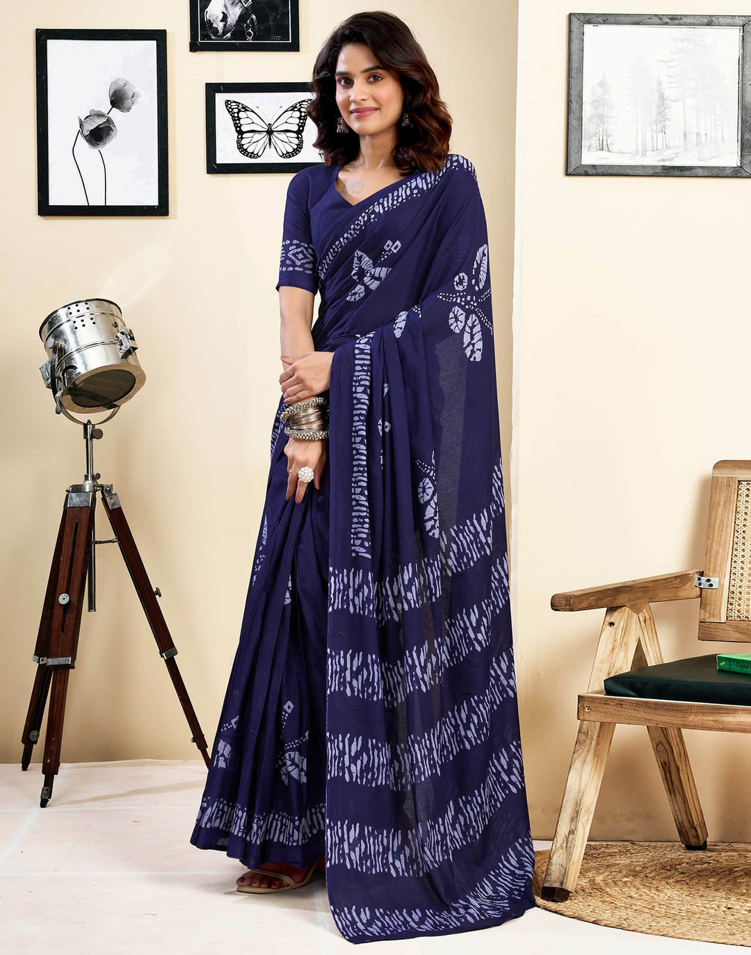 Wedding Wear Navy Blue Color Cotton Printed Saree With Pocket