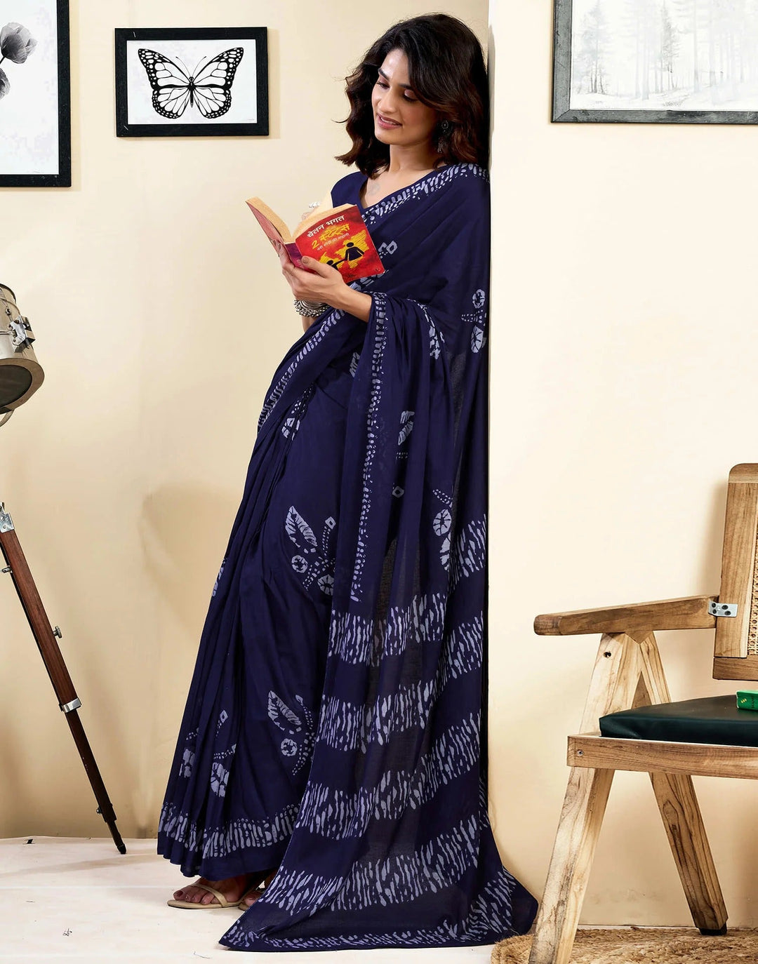 Wedding Wear Navy Blue Color Cotton Printed Saree With Pocket