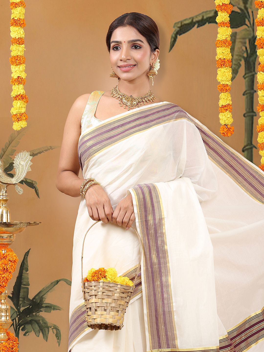Wedding Wear Off-White Color Cotton Silk Saree