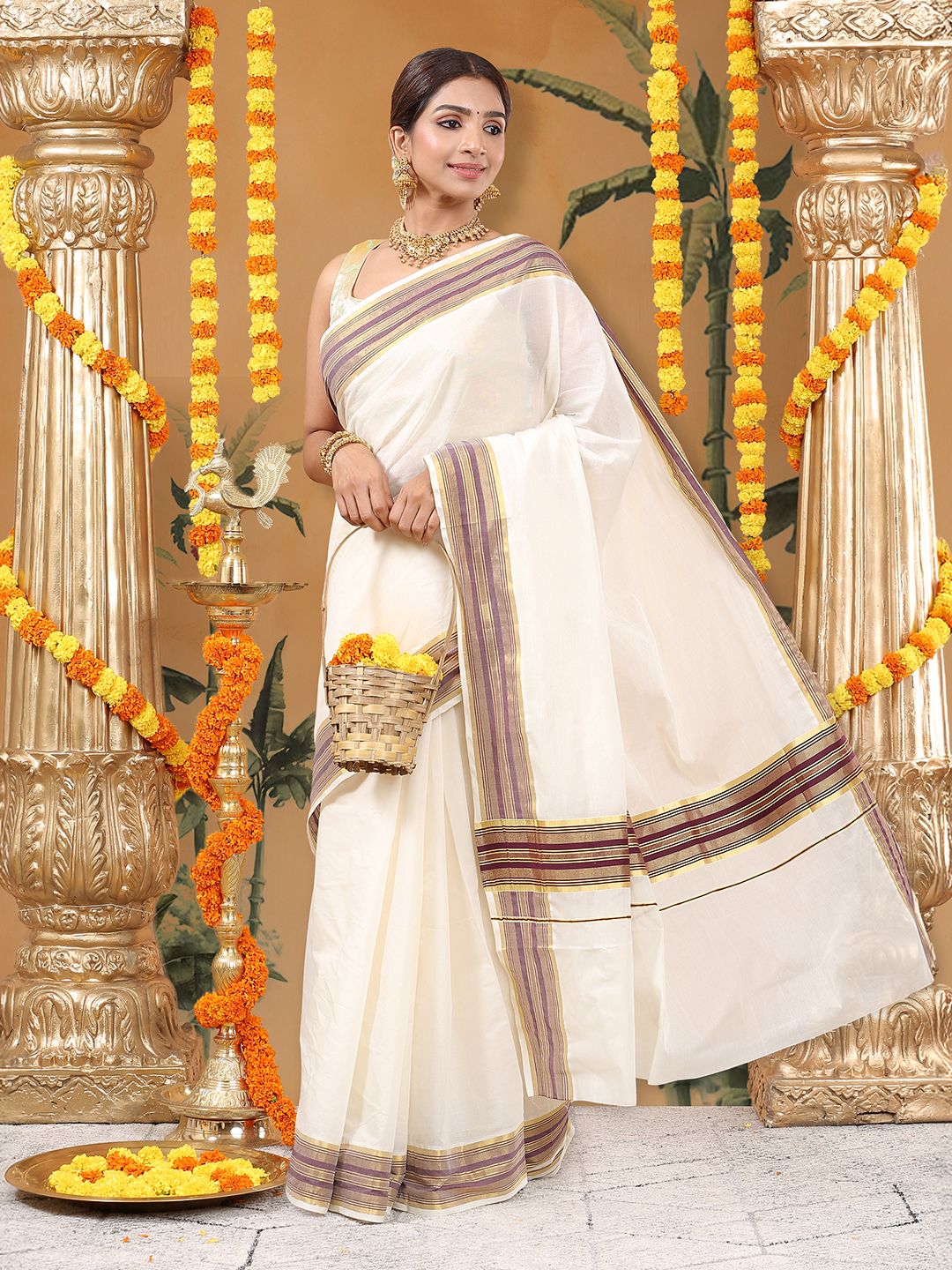 Wedding Wear Off-White Color Cotton Silk Saree