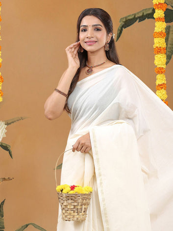 Wedding Wear Off-White Color Cotton Silk Saree