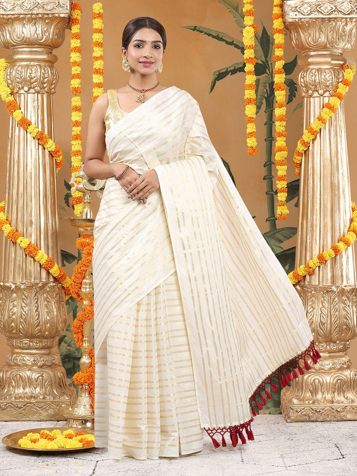 Wedding Wear Off White Color Cotton Soft Silk Saree