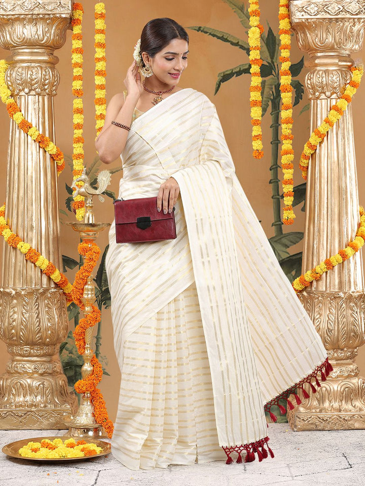 Wedding Wear Off White Color Cotton Soft Silk Saree