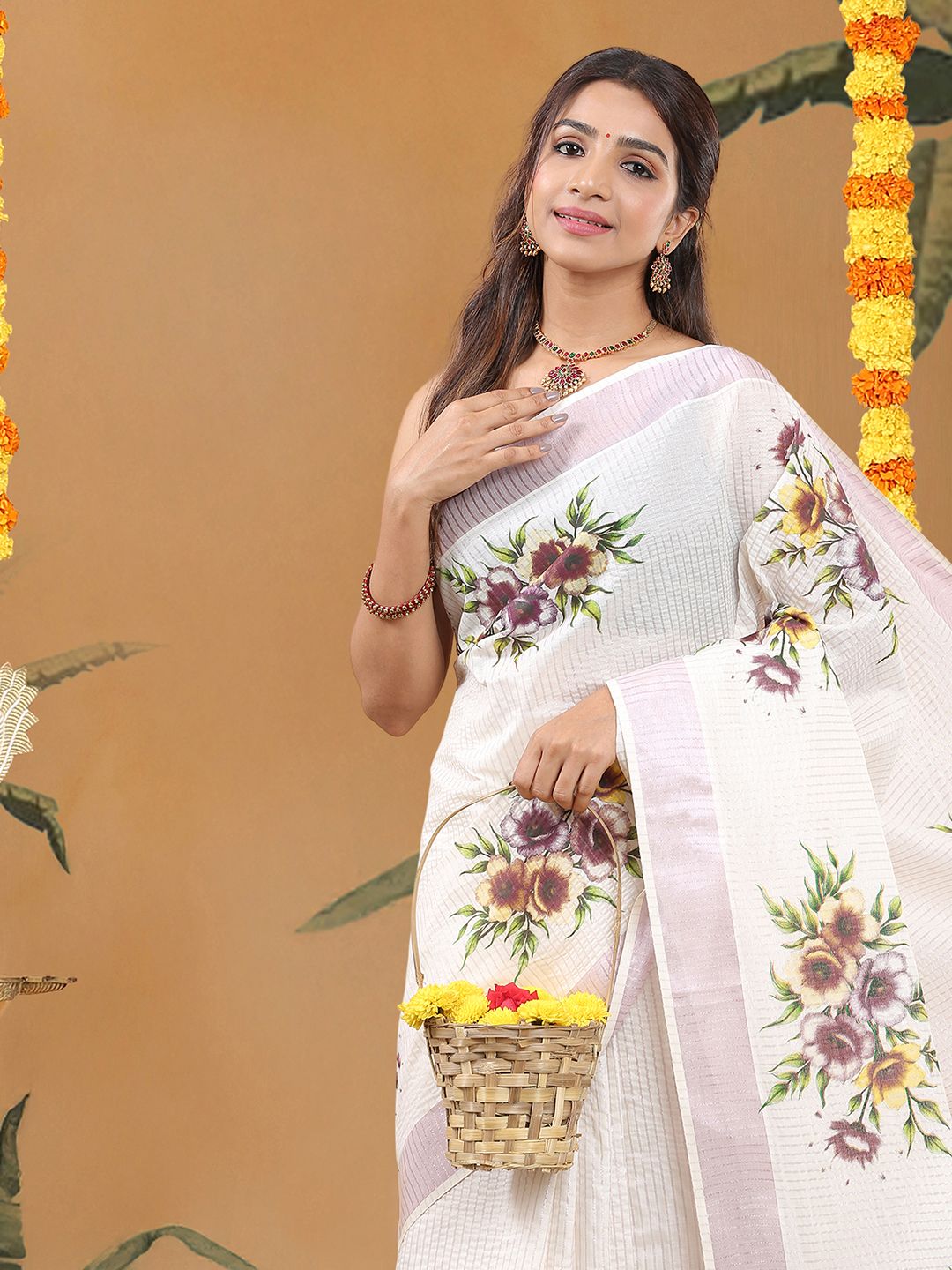Wedding Wear Off White Color Cotton Soft Silk Saree