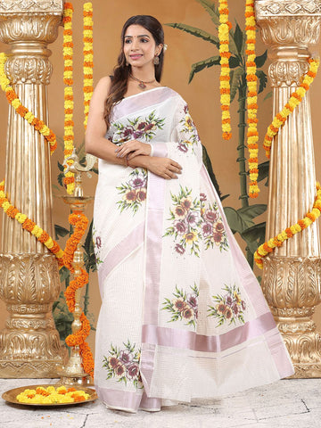 Wedding Wear Off White Color Cotton Soft Silk Saree