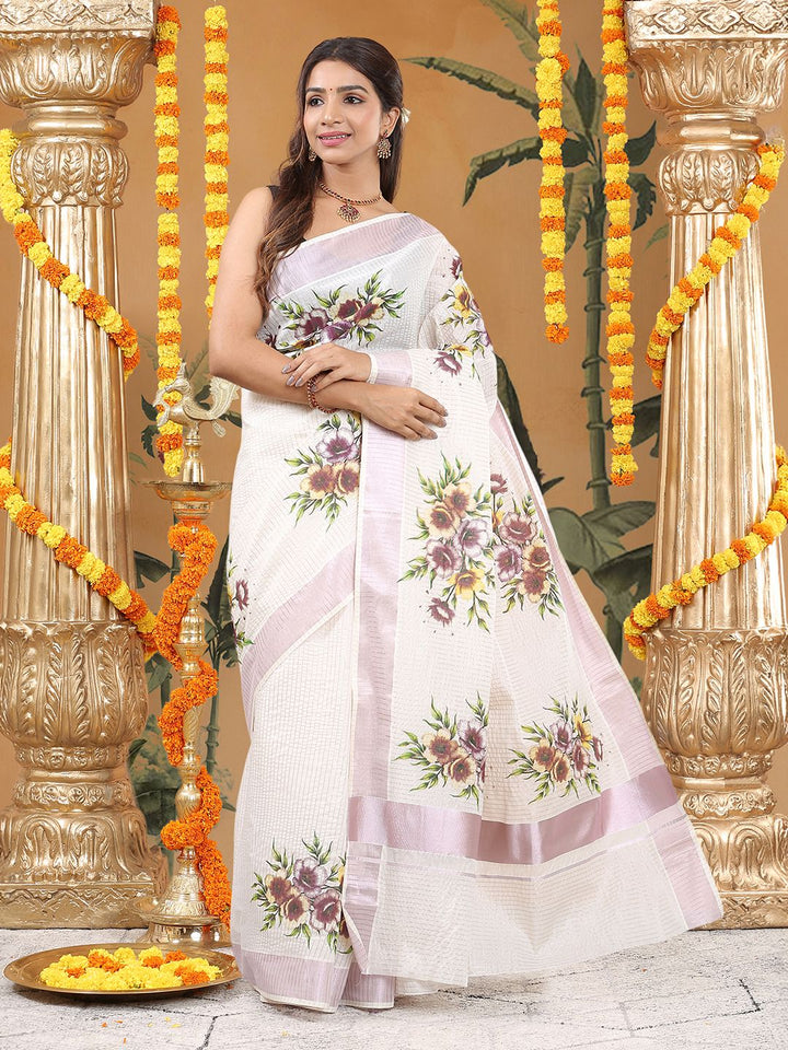 Wedding Wear Off White Color Cotton Soft Silk Saree