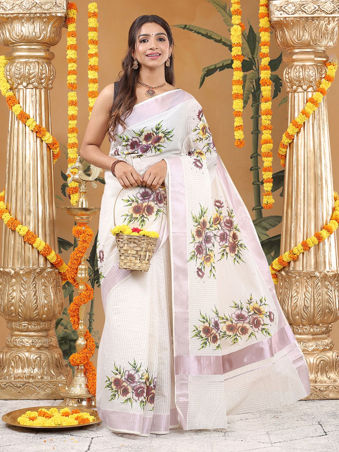 Wedding Wear Off White Color Cotton Soft Silk Saree